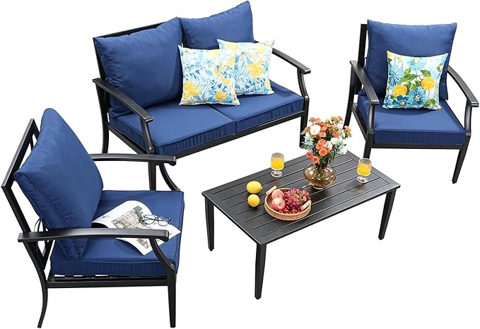 4 Piece Outdoor Patio Furniture Set, Oversized Metal Conversation Set