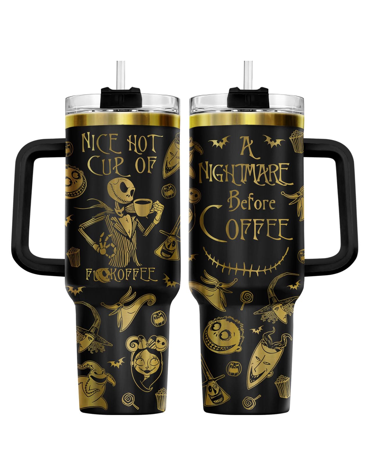 34HD Nightmare Before Coffee Tumbler 40oz with Handle and Straw, Laser Engraved Skeleton Insulated Travel Coffee Cup - Cartoon Character Gifts on Birthday for Cafe Lovers, Men & Women
