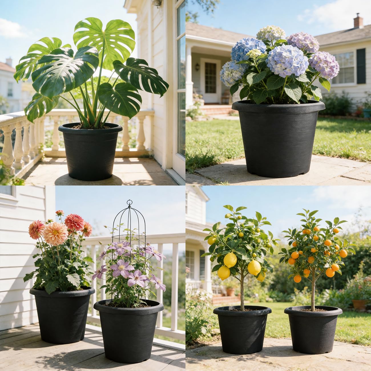 4 Pack 16 Inch Large Planters, Plastic Heavy-Duty Plant Pots with Drainage Holes - Flower Pots for Indoor & Outdoor Plants - 30L Capacity, 16" Dia & 12" Tall, Cement Textured Patio Garden Containers