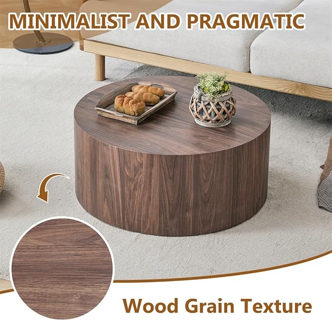 Round Coffee Table, 23.6" Modern Wood Drum Coffee Table, Round Accent Center