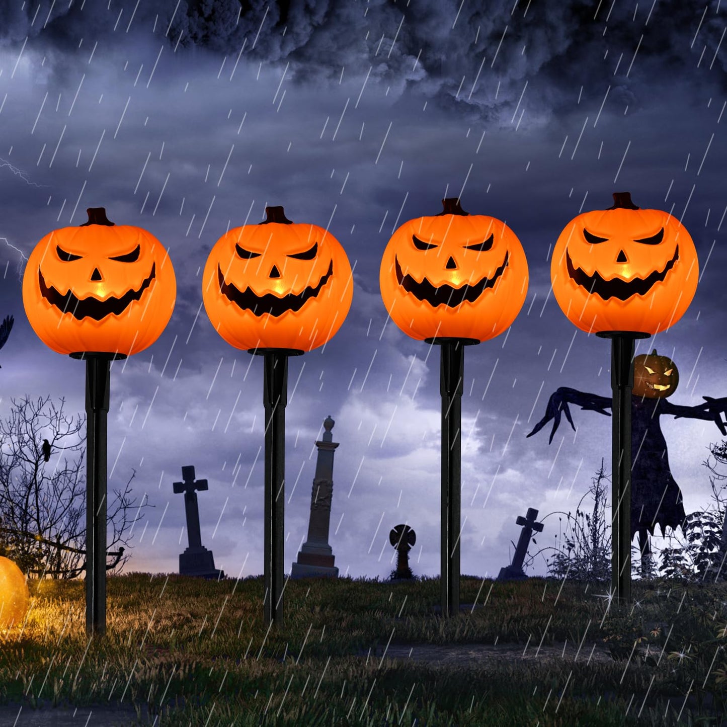 Halloween Decorations Outside - 7Ft LED Pumpkin Pathway Lights Plug in with 4 Pack LED Pumpkin Stake Lights Waterproof, for Halloween Outdoor Path Walkway Yard Lawn Landscape Decor, 0.6W