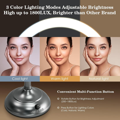 Professional 8.5" Large Lighted Makeup Mirror with Brighter Lights, 1X/10X True HD Magnifying Mirror with 3 Color Dimmable Lights, 90 Shadowless LEDs, 360°Swivel Seamless Vanity Mirror, Pearl Nickel