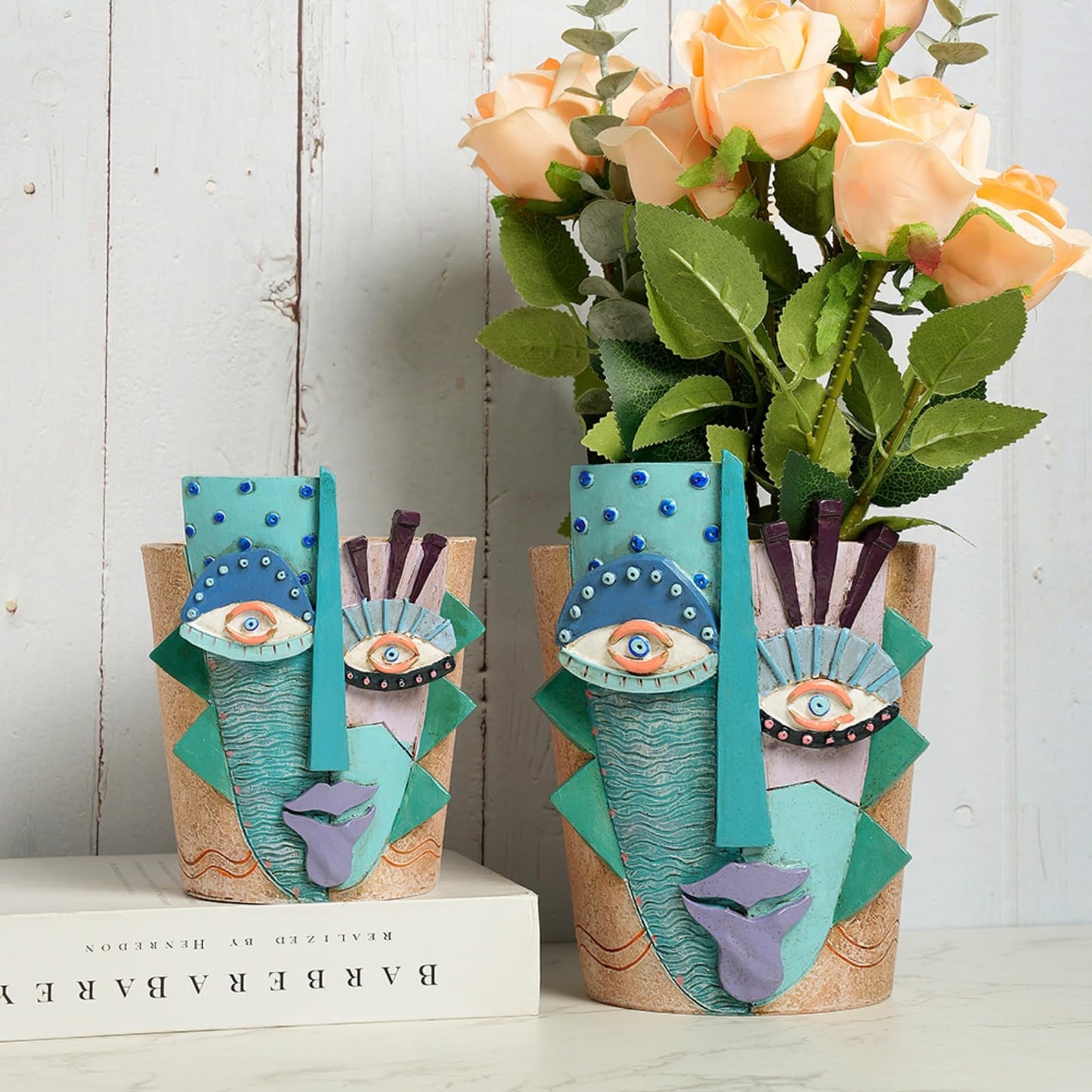 BJVF Picasso Flower Pot/Vase, Unique Planters, Abstract Face Flower Pots, with Drainage Holes, Handcrafted Resin Vases for Artistic Home Décor (Large)
