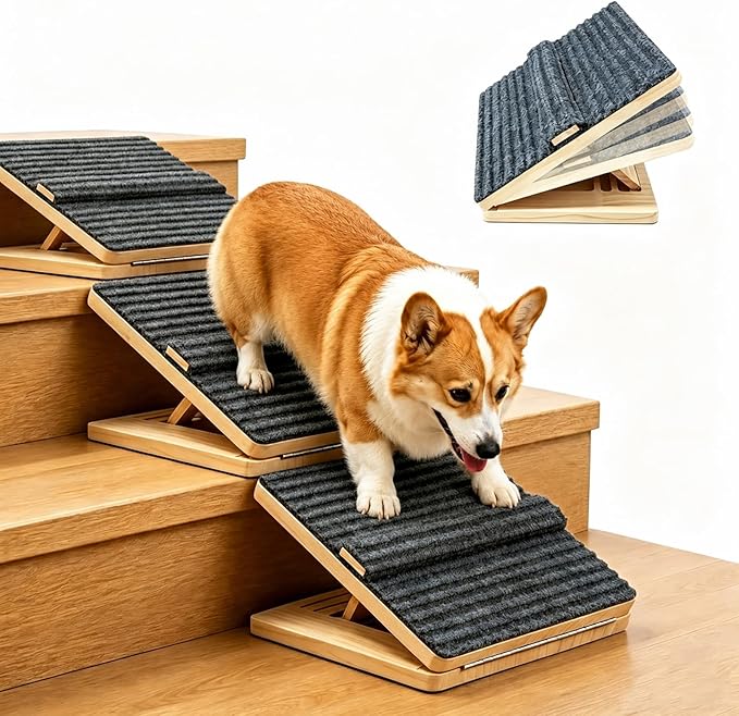 3 Pack Dog Ramp for Stairs – Solid Wood Adjustable & Foldable, 4 Heights, Non-Slip Silicone Base, Traction Felt, Raised Pause Strip, 35lb for Small & Senior Dogs