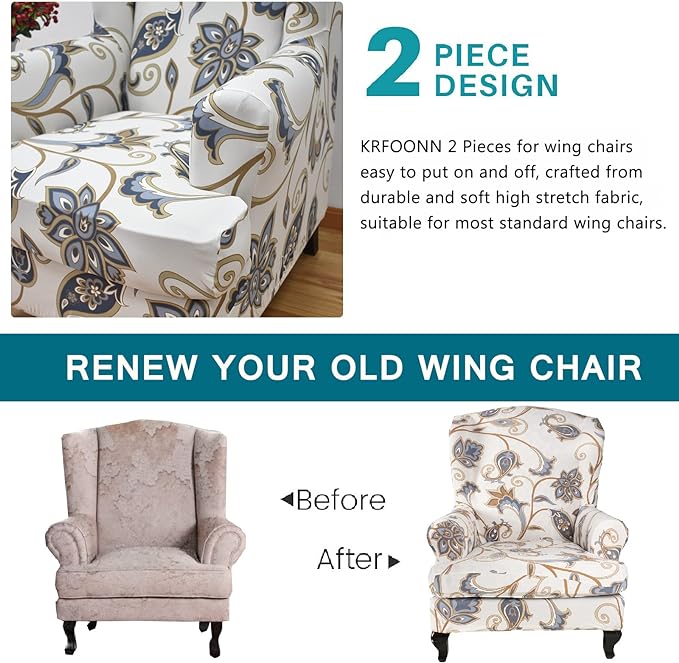 KRFOONN Wingback Chair Cover Slipcovers 2 Piece Stretch Wing Chair Covers