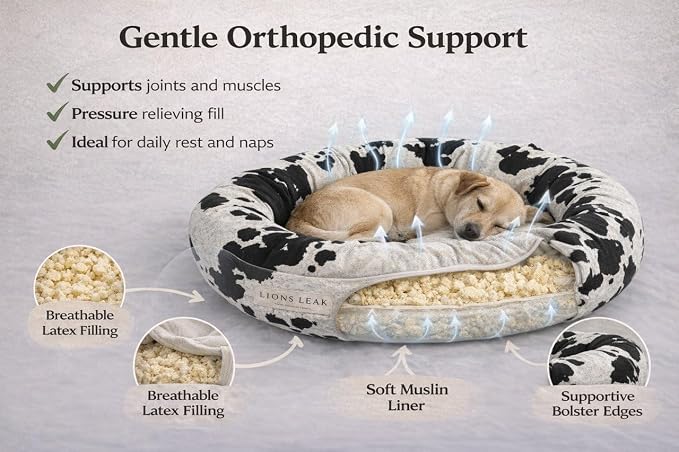 Round Dog Bed – Natural Canvas, Removable Washable Cover, Raw Cotton or Latex Fill, Hypoallergenic Non-Toxic, Made in USA (Cow Print Black White, X-Small, Firm Support – Raw Cotton)