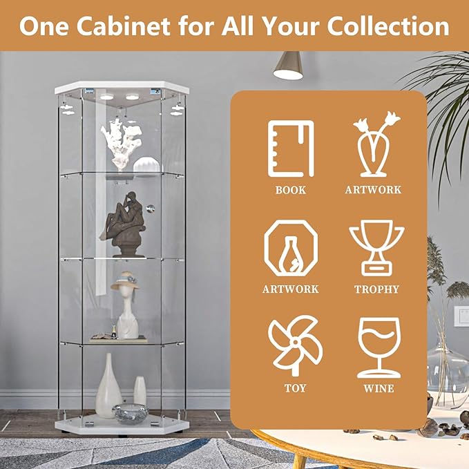 LFT HUIMEI2Y Glass Display Corner Cabinet 4-Shelf, Curio Cabinets Fast