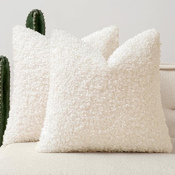 Faux Fur Throw Pillow Covers 18x18 Inch Set of 2 Boucle Neutral Decorative