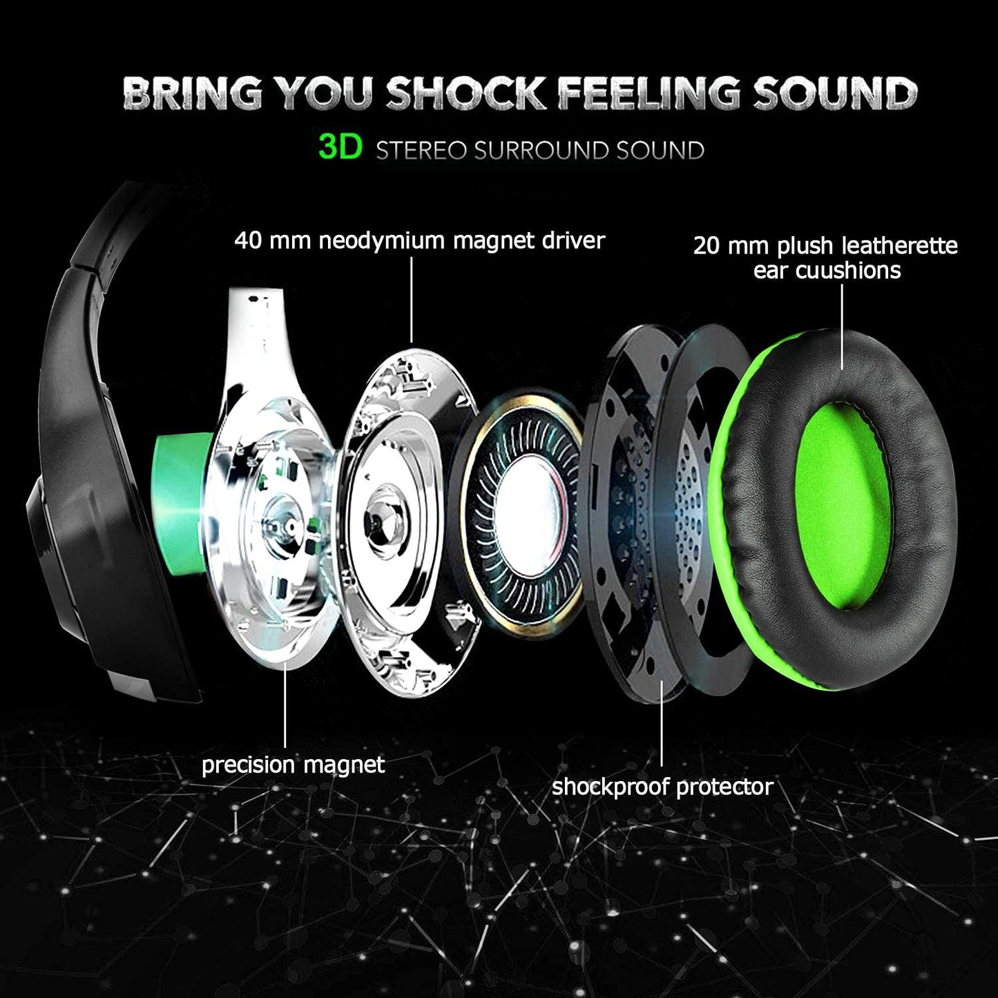 BlueFire Wired Gaming Headset for PS4 PS5 Xbox One PC – Over-Ear Headphones with Surround Sound, Noise Canceling Mic, Soft Memory Foam, LED Light, 3.5mm Jack for Console & Laptop (Green)