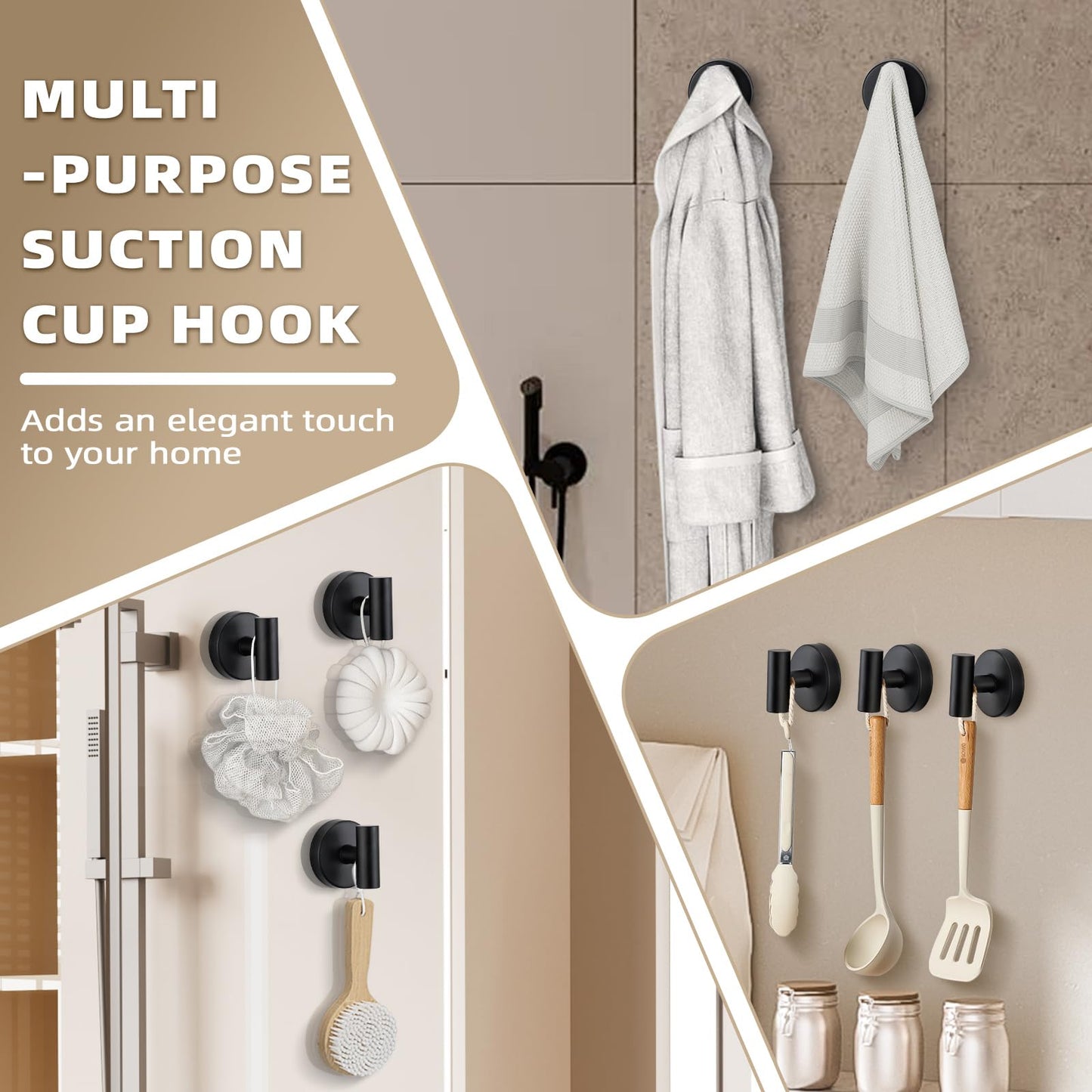 Fenas Suction Cup Hooks for Shower - Bathroom Reusable Hooks for Towels, Robes & Loofah - No-Drill Mounting on Kitchen,Walls,Metal,Glass,Mirrors,Tile & Smooth Non-Porous Surfaces (2, Matte Black)