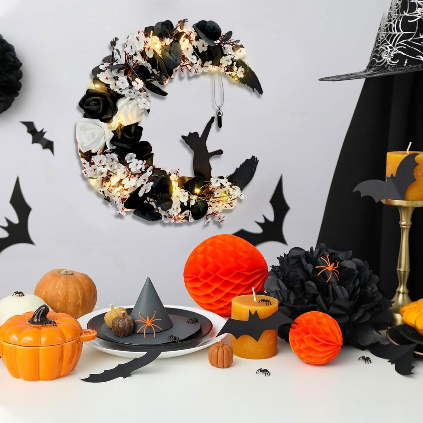 Halloween Wreaths for Front Door, Flower Moon Cat Halloween Home Decoration, Fall Winter Family Gathering Decoration Wreath Outdoor Wall Closet Fence Spooky Wreath(Moon Cat White13.7in×9.8in)