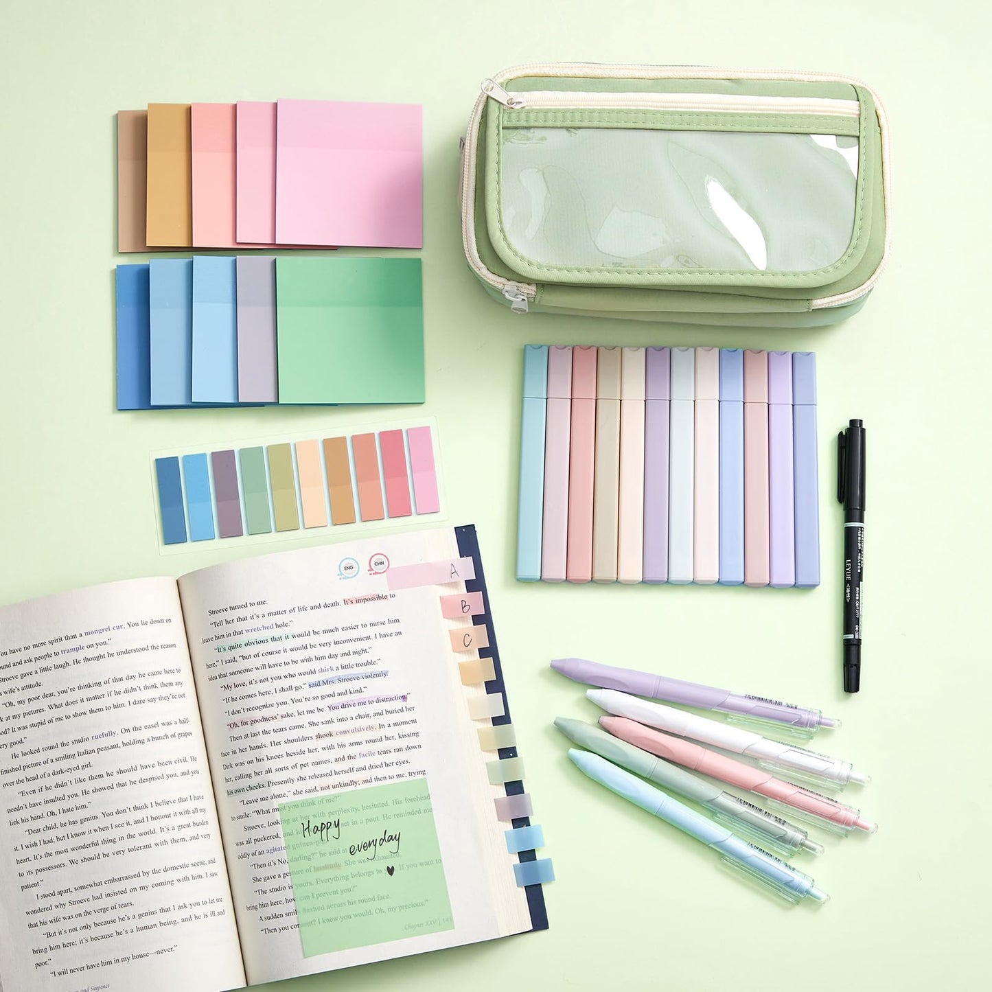 Jutom 39 Pcs Aesthetic Book Annotation Kit Highlighter with Pencil Case Bag Gel Pen Transparent Sticky Note Taking Bible Study College School Supplies (Green,Minimalist Style)