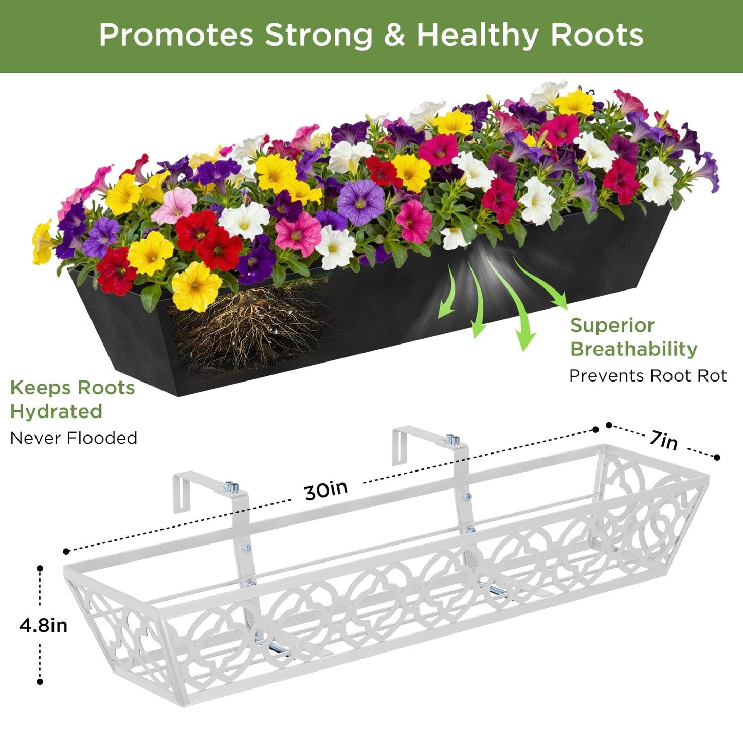LAWYAMAI 4 Pack 30 Inch Railing Planter Boxes with Adjustable Brackets & Non-Woven Liner, Deck Window Hanging Flower Box for Balcony, Fence, Patio, Outdoor Garden, Gray
