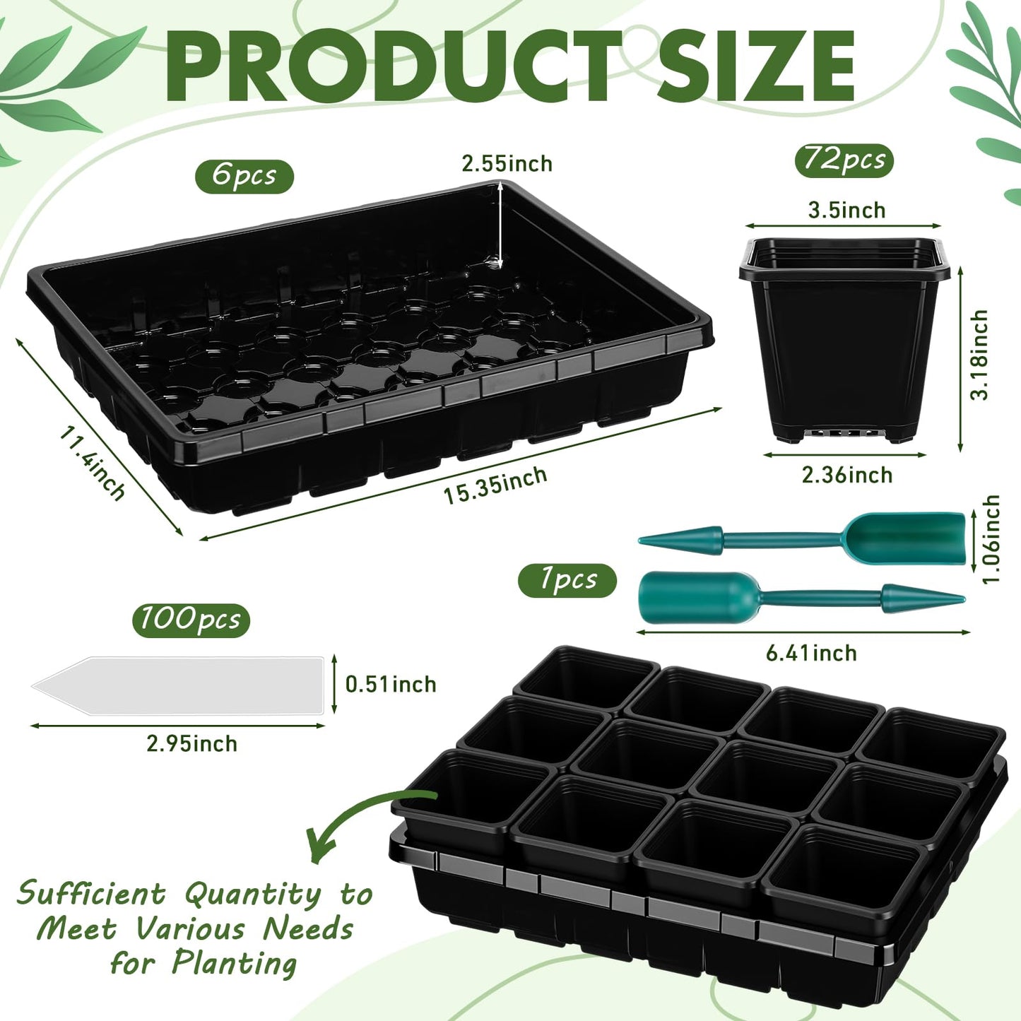 Nuenen Seed Starter Tray 6 Pcs, 3.5 Inch Square Nursery Pots 72 Pcs, Seed Starting Pot with Drainage, Seedling Trays, Microgreenings Plant Propagation Germination Tray, 6 Set