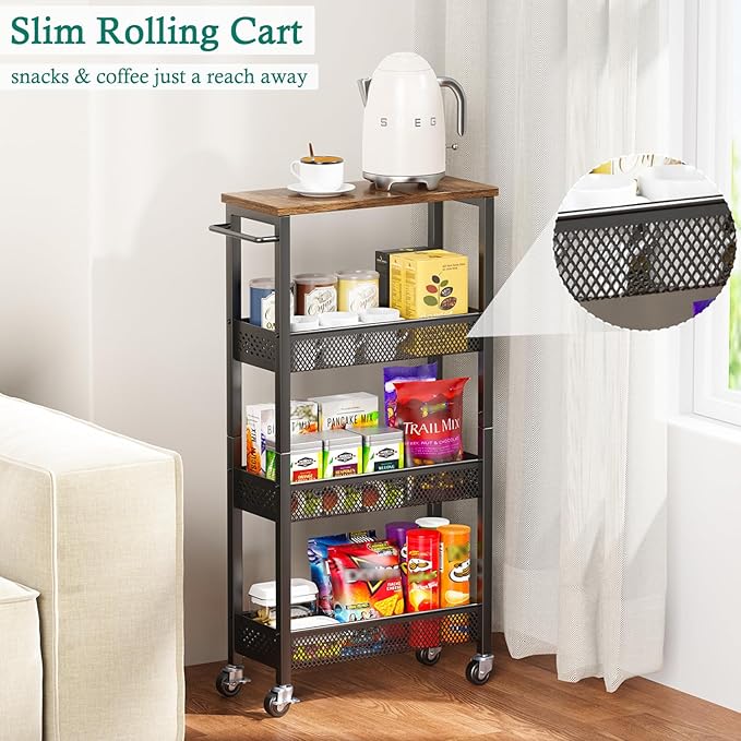 XYZLVSI Slim Storage Cart 4 Tier Narrow Kitchen Rolling Cart on Wheels