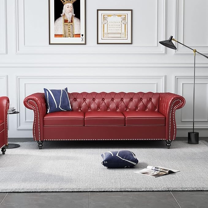 Mid-Century 3 Seater Sofa, Faux Leather Couch