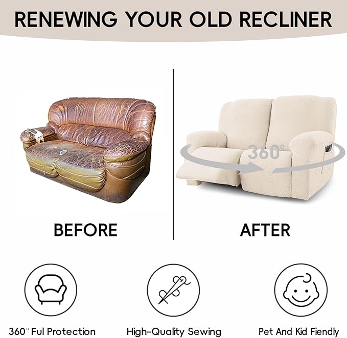 Recliner Loveseat Covers, 4-Piece Stretch Geometric Strokes Jacquard Reclining