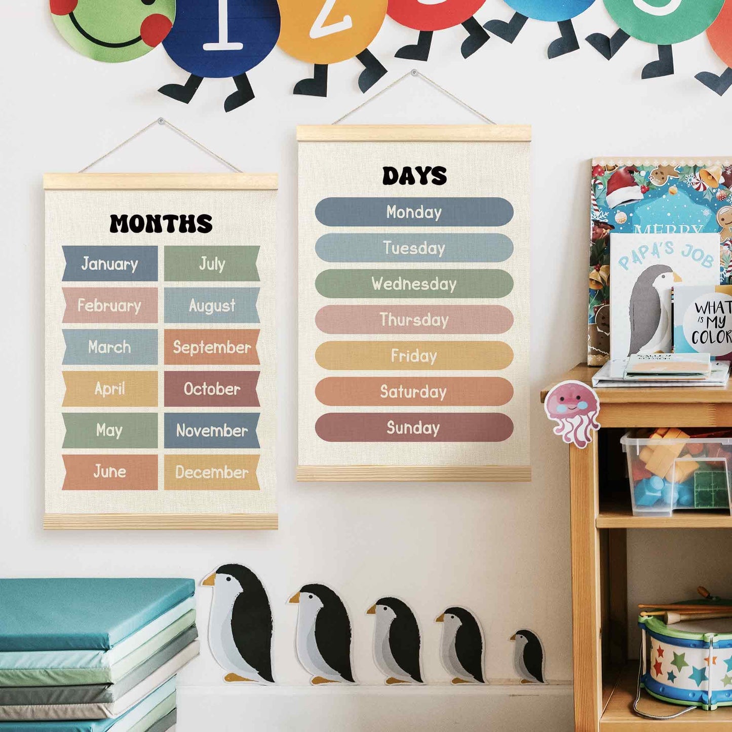 TLESKE Months of the Year Days of the Week Chart Poster Hanger Frame for Toddler Kid Classroom Set of 2, Homeschool Hanging Wall Art for Nursery Playroom, Preschool Learning Educational Poster, 16x24