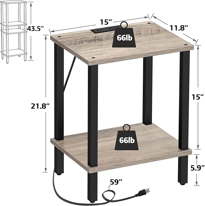 TUTOTAK End Table with Charging Station, Small Side Table, Nightstand Bedside