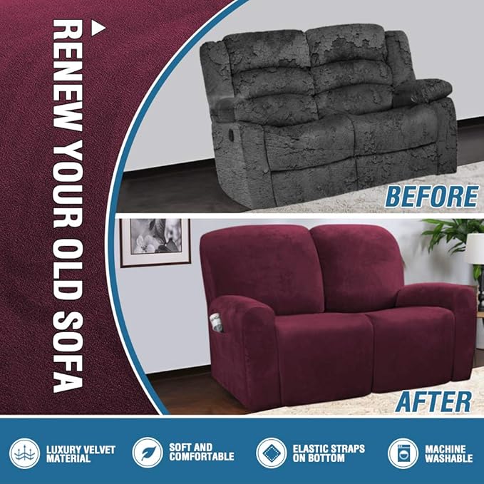 H.VERSAILTEX Velvet Stretch Recliner Couch Covers 6-Pieces Recliner Loveseat