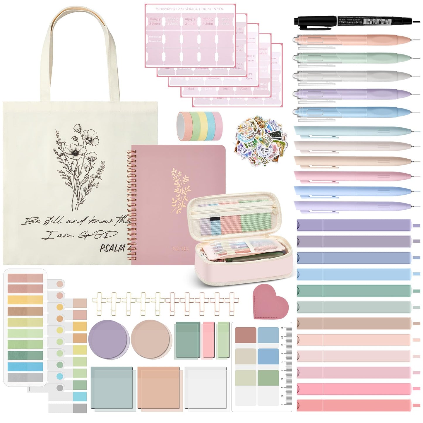 Jutom 110 Pcs Bible Study Supplies Bible Journaling Kit with Canvas Tote Bag Pen Case Notebook Highlighters Pen Sticky Note Tabs Page Markers Stickers Tape for Women Christian Christmas Gift(Pink)