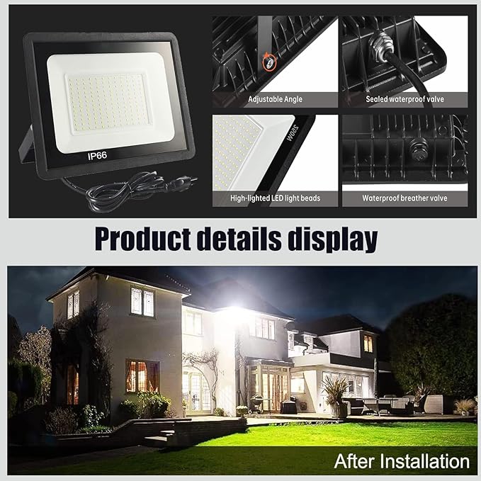4Pack-150W LED Flood Light Outdoor,15500LM LED Work Light with US Plug,6000K Daylight White,IP67 Waterproof Outdoor Floodlights for Yard,Garden,Playground