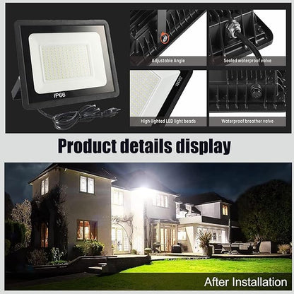 2Pack LED Flood Light Outdoor,150W LED Work Light 15500lmwith 6FT US Plug,IP66 Waterproof Exterior Security Lights,6000K Daylight White Outside Floodlights Slim Design for Playground Yard…