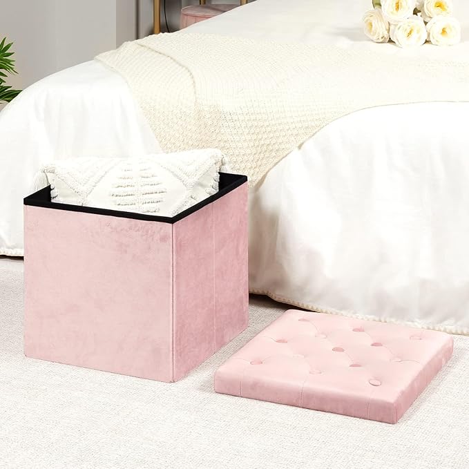 B FSOBEIIALEO Storage Ottoman Cube, Velvet Tufted Folding Ottomans