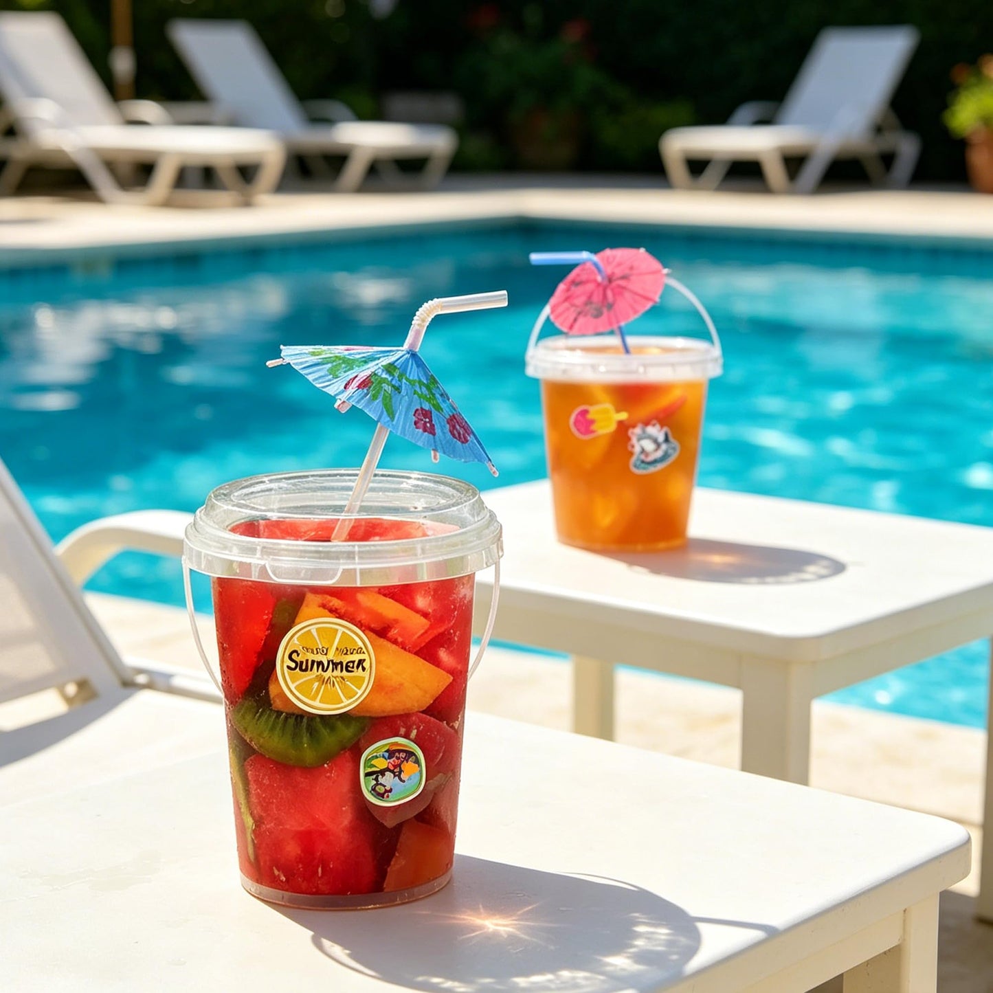 MOLDTAS 12 Pcs 1L 32oz Plastic Cocktail Buckets 750ml Ice Cream Buckets with Disposable Spoons and Straws Summer Theme Stickers for Summer Pool Party Beach Party Supplies