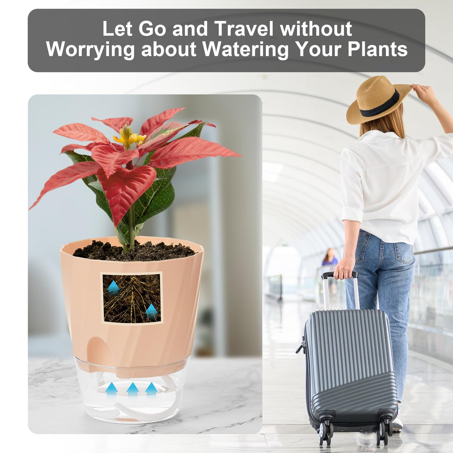 Self Watering Plant Pots 6 Inch, 3 Pack Plastic Indoor Planters with Wick Rope and Reservoir, Decorative Flower Pots for Spider Plant, Orchid, African Violet, Home Office Decor (White, Pink, Blue)
