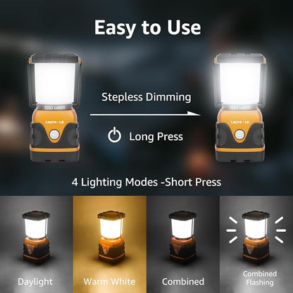 Lepro 1000LM Battery Powered LED Camping Lantern, Orange Tent Light with 4 Light Modes, Camping Essentials, Waterproof Lantern Flashlight for Camping, Emergency Light, Power Outage, Not Rechargeable