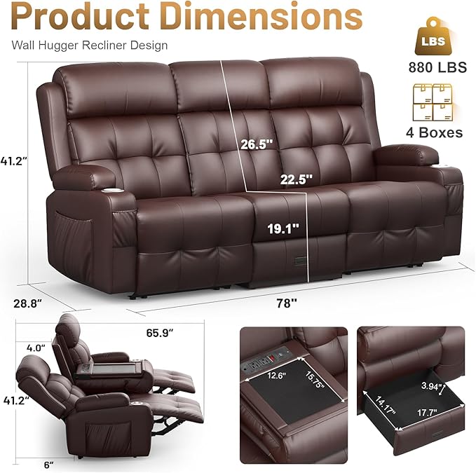 3-Seater Loveseat Recliner Sofa, RV Wall Hugger Home Theater Seating Reclining