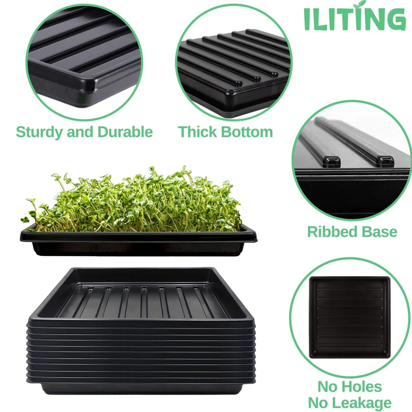 ILITING Plant Growing Trays for Seedlings Microgreen Seed Starter Shallow Plants Tray Drip Tray Standard 1010 Tray No Holes 10 Pack Black 10.7 x 10.7 inches Square Trays