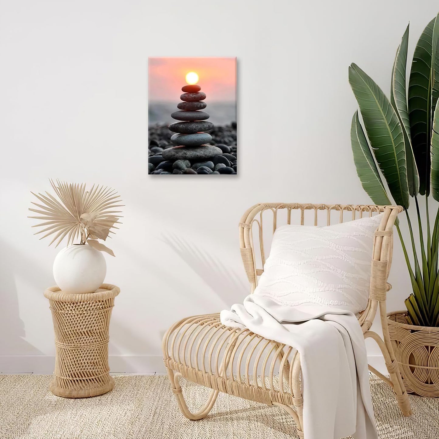 Zen Wall Art Stone Sunrise Pictures Wall Decor Zen Bathroom Decor Canvas Print Framed Artwork Paintings Calming Home Decorations For Spiritual Room Office Living Room Bedroom 12"x16"