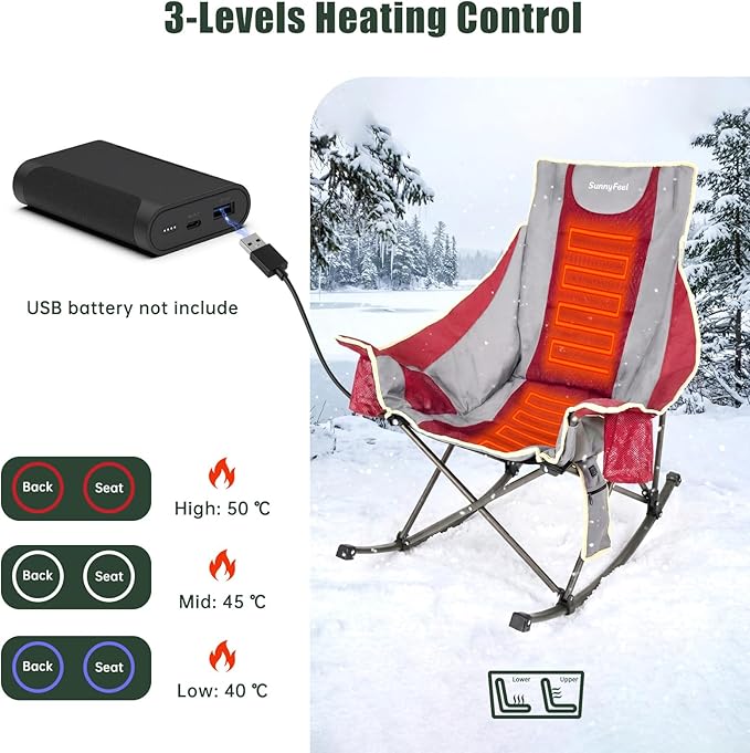 SUNNYFEEL Heated Rocking Camping Chair Fully Padded Patio Folding Chair