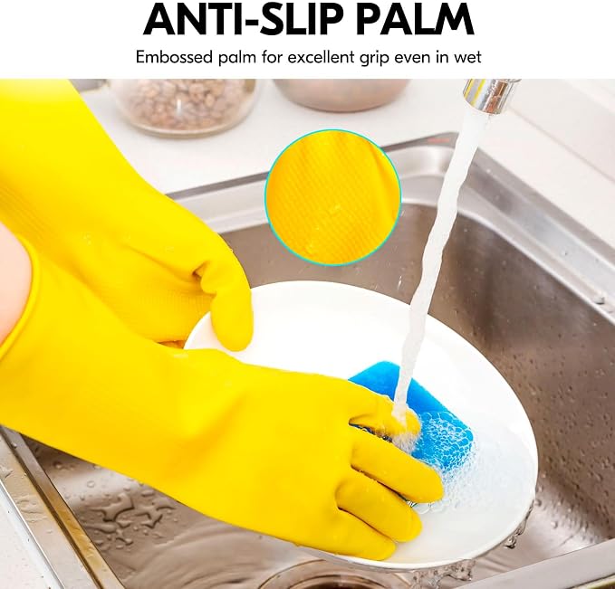 Vgo... 1-Pair Reusable Household Gloves, Rubber Dishwashing gloves, Extra Thickness, Long Sleeves, Kitchen Cleaning, Working, Painting, Gardening, Pet Care (Size L, Yellow, HH4601)