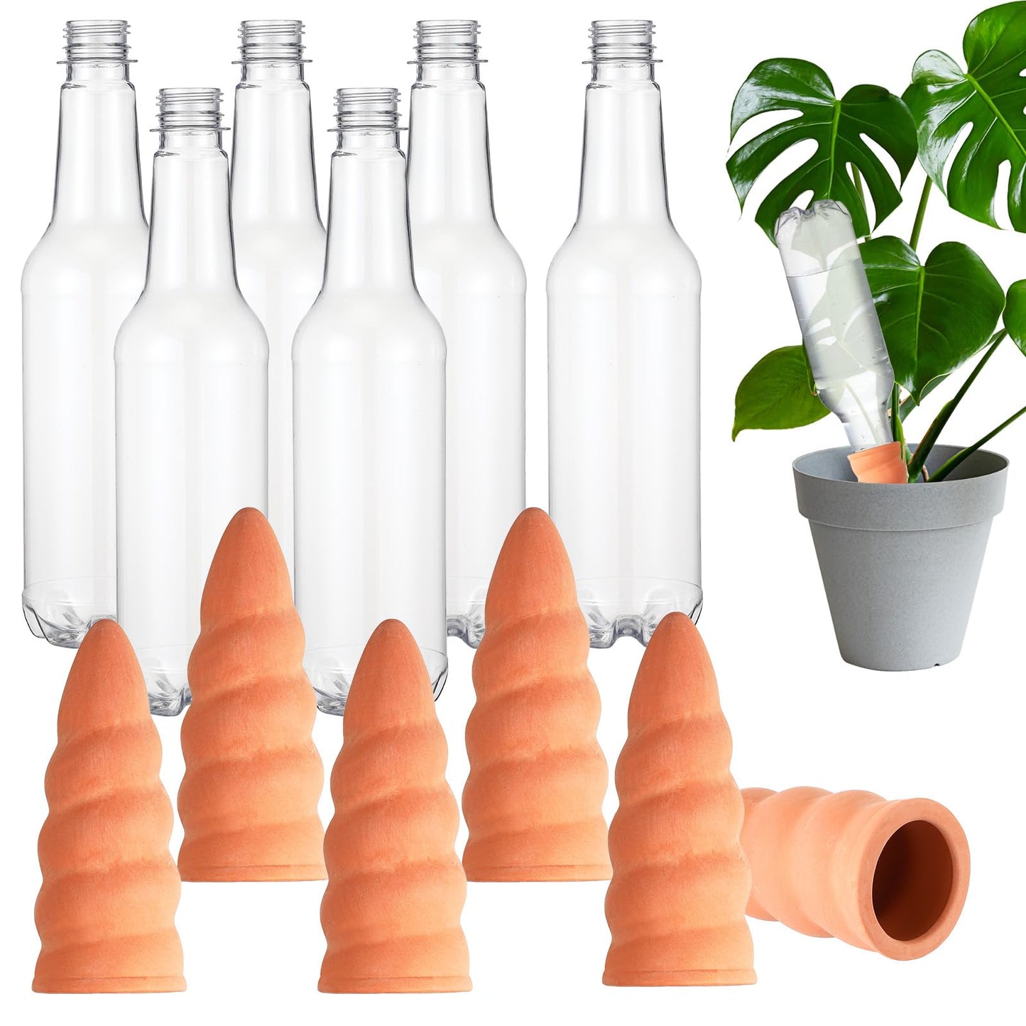 Baderke 6 Sets Plant Watering Stake Devices Include Terracotta Self Watering Spikes and 500 ml Plastic Wine Bottles for Vacation Indoor Outdoor Plant