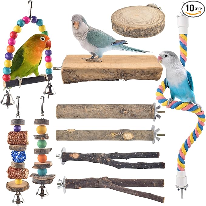 Bissap 10 PCS Bird Chew Toys, Parakeet Natural Wood Parrot Hanging Cage Toy Swing Rope Paw Fork Perch Stand Platform for Small Birds Conure Cockatiel Parrotlet Lovebird Budgie Exercise Training