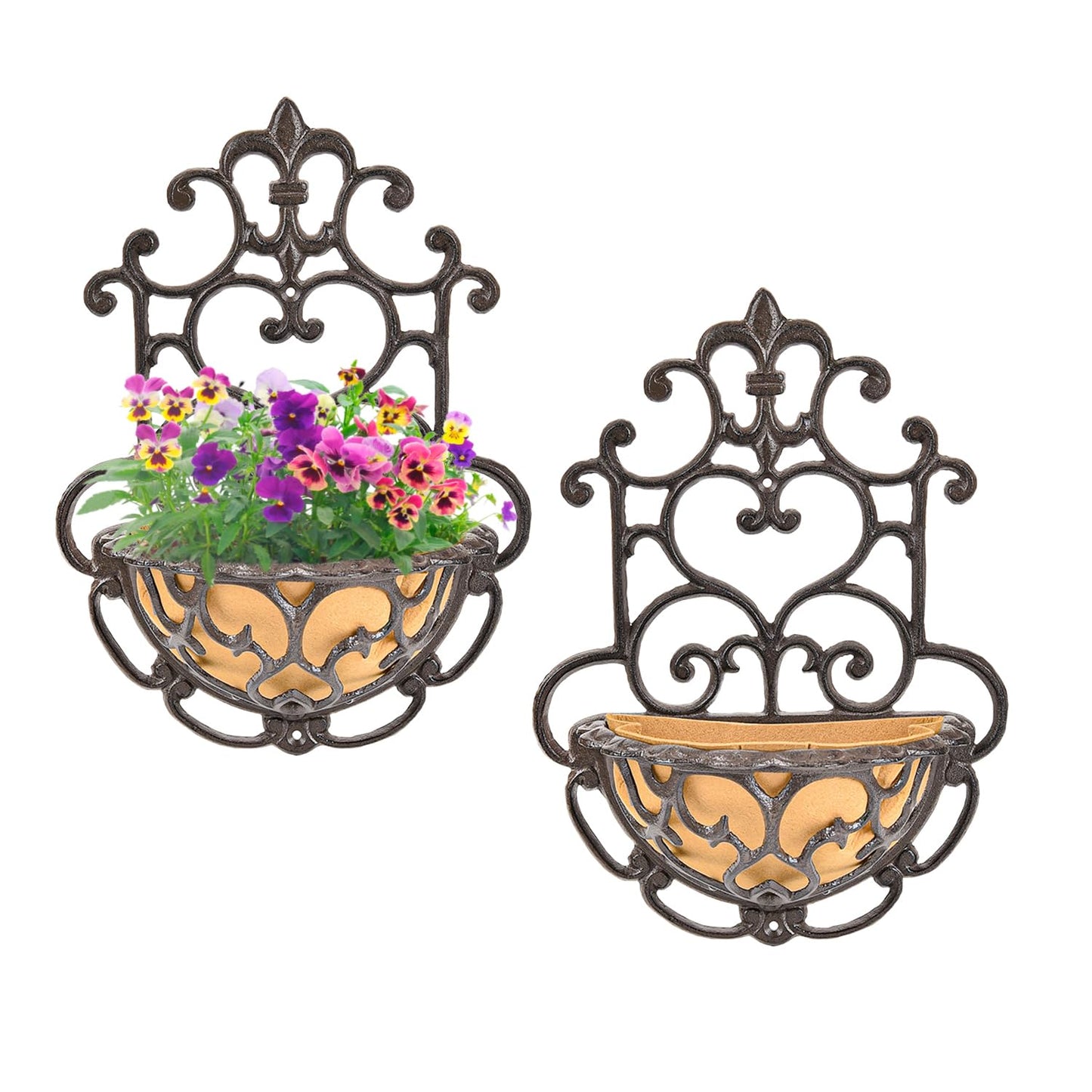 Sungmor 2 Pack Wall Hanging Planter Basket with Fabric Liner, Antique Victoria Style Cast Iron Wall Planter Holder, Outdoor Railing Fence Balcony Metal Hanging Basket Half Round Flower Pots