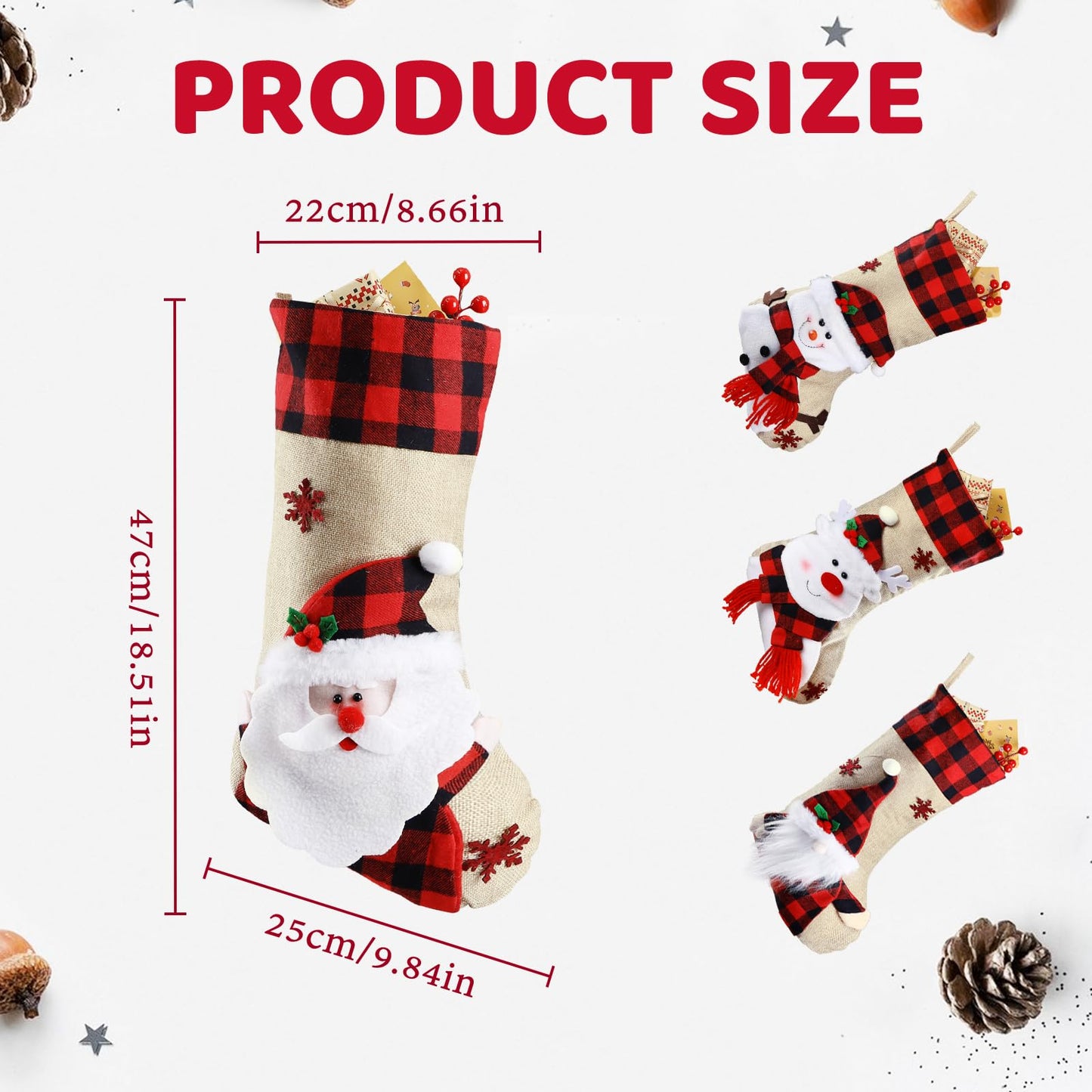 Bemaystar Christmas Stockings - 18.5" Burlap Plaid Christmas Stocking Xmas Hanging Stockings Holiday for Kids Christmas Tree Fireplace Family Party Decor - Snowman