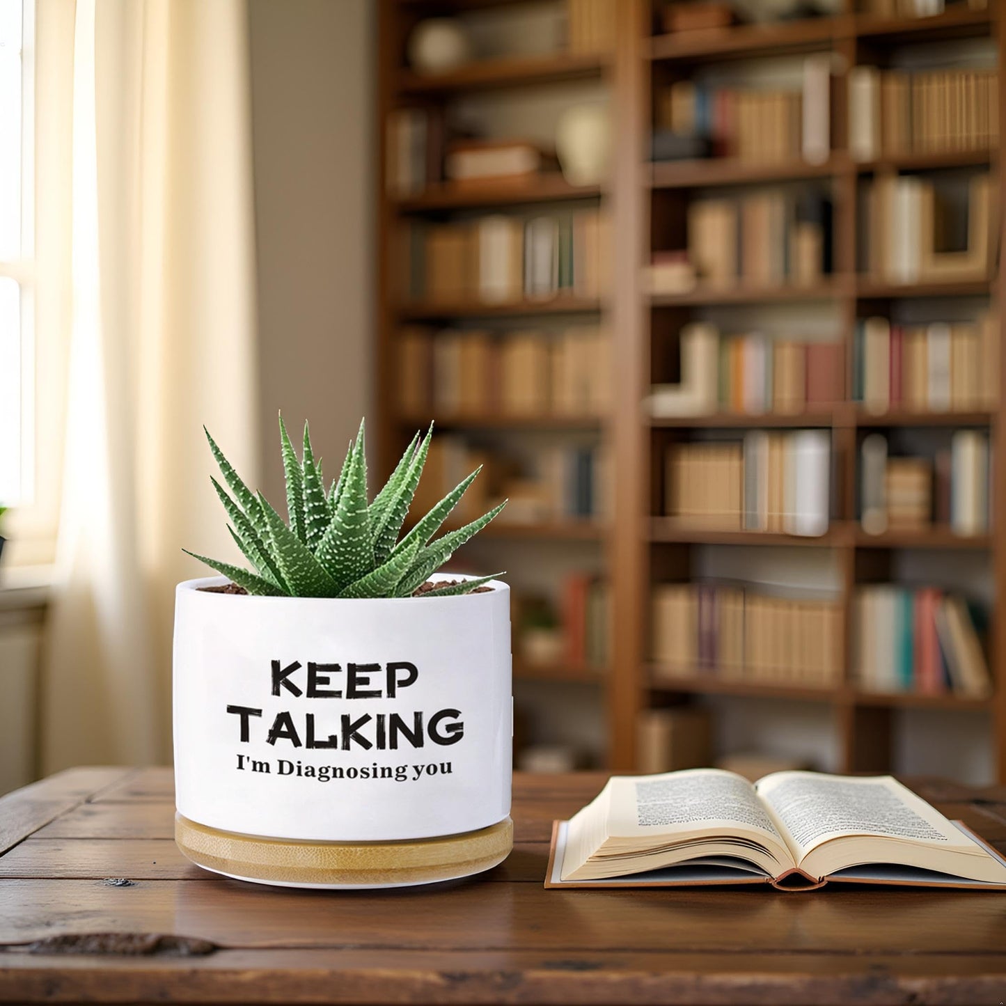 Psychology Decor Gifts,Keep Talking I'm Diagnosing You Funny Succulent Planter with Bamboo Tray - 3.5 Inch Funny Desk Decor, Psychologist Therapist Gift (White)(No Plants)