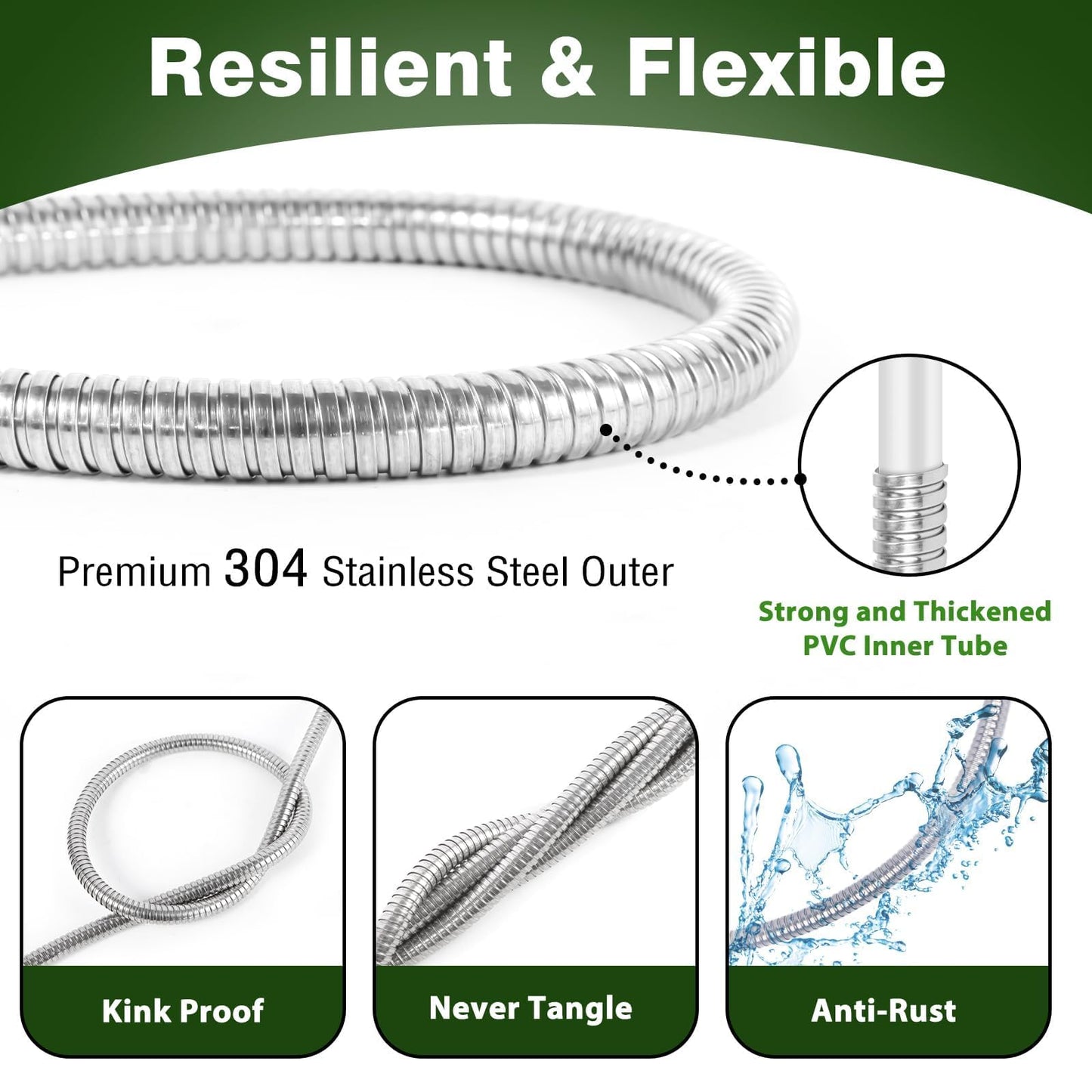 WHOBUY 25FT Metal Garden Hose 304 Stainless Steel Flexible Water Hose - No Kink & Tangle Heavy Duty Pipe with Nozzle, Durable 3/4 Brass Fittings and Valve - Rust Proof Puncture Proof for Yard Lawn