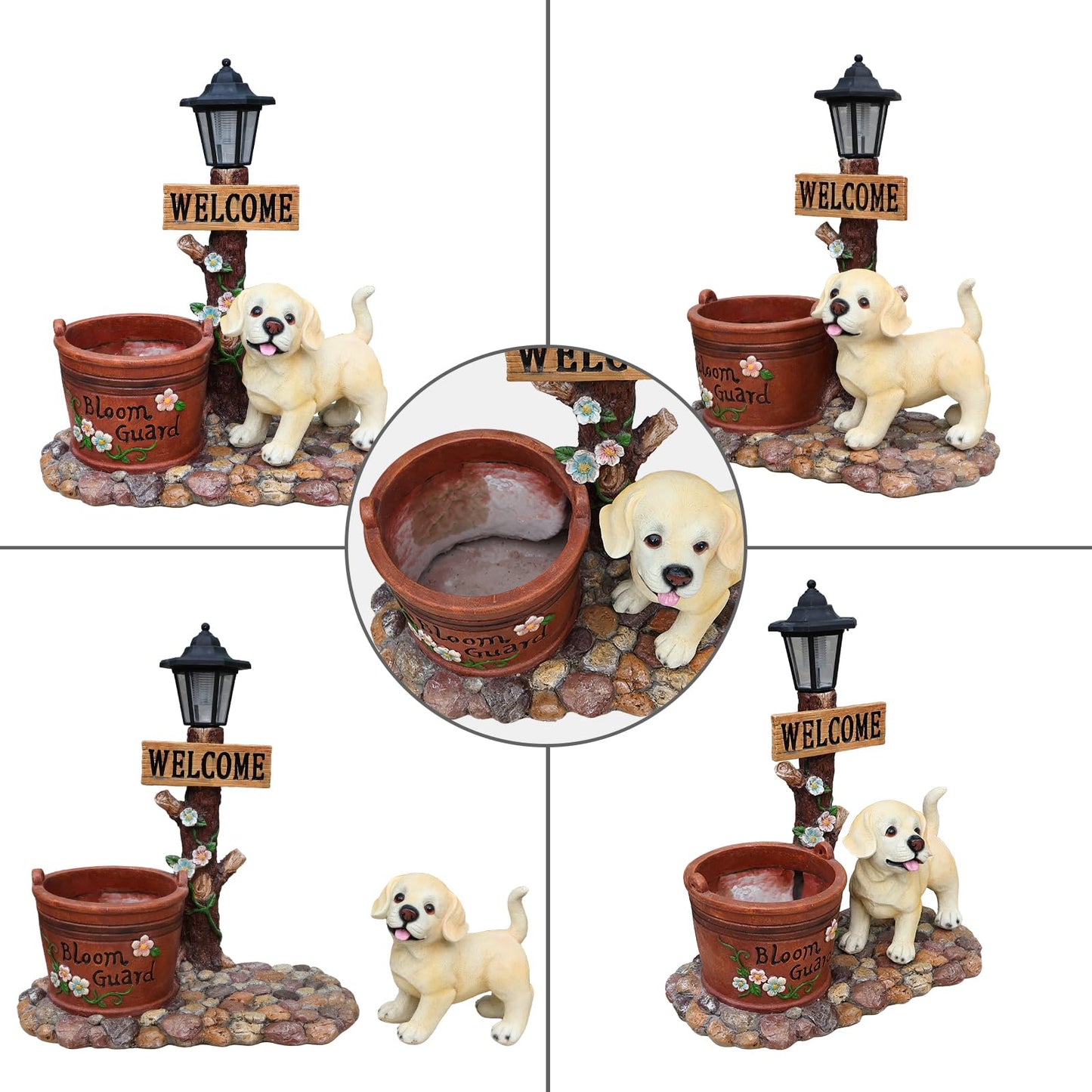 UNOIRNM Labrador Puppy Outdoor Garden Statue - with Solar Lantern and Bloom Guard Planter, Extra Large 20.9" Welcome Dog Figurine for Patio, 11 lbs Heavy Duty Resin Decor, 18.9" Length Flower Pot