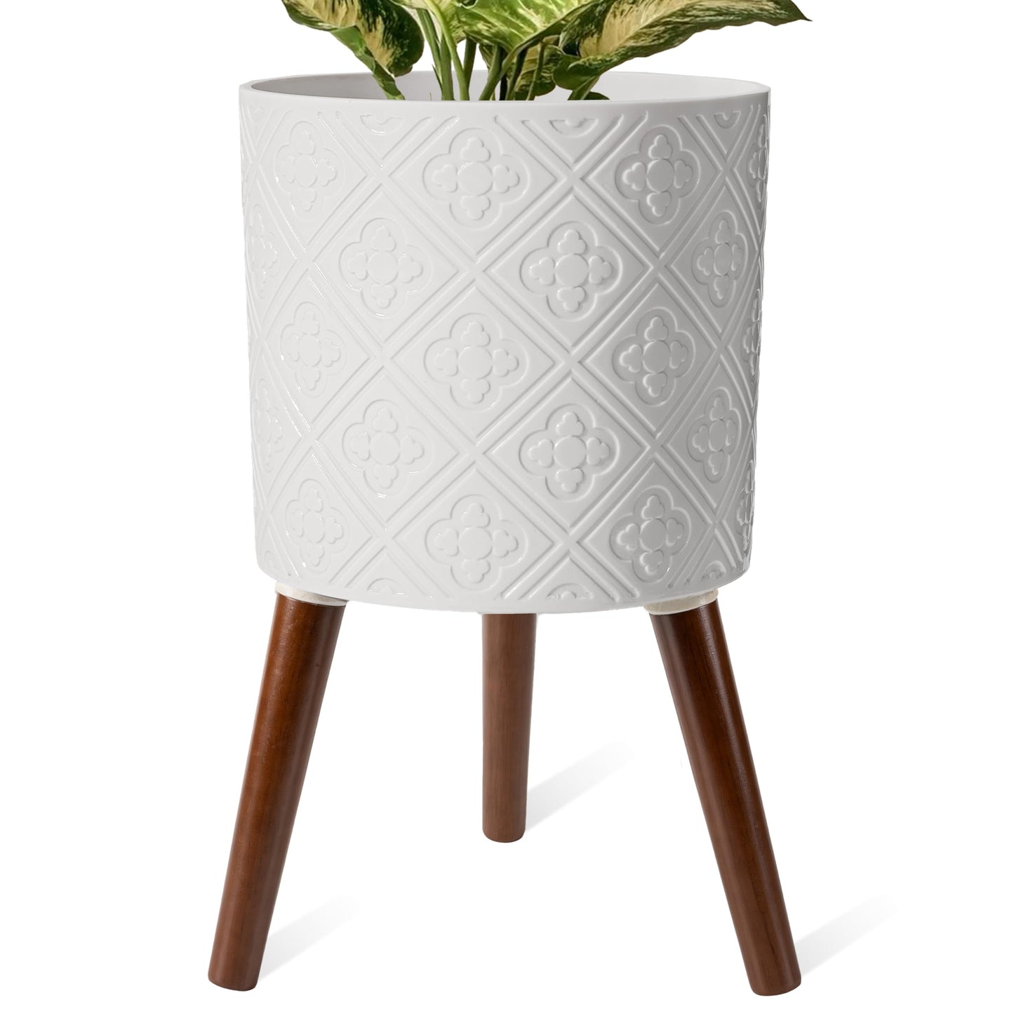 nacltlo 12 Inch Planter with Stand, Planter for Indoor Plants, Modern Large Flower Planter Pot with Drainage Holes for Outdoor,Matte White
