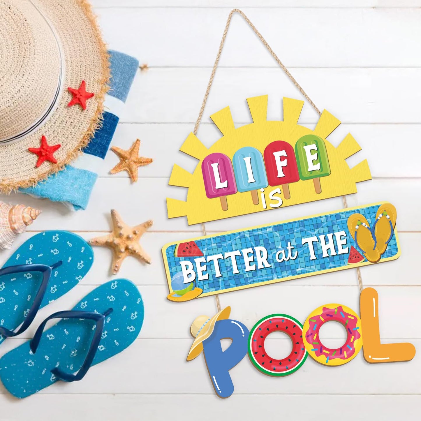HOURIA Life is Better at The Pool Wood Hanging Sign,11.8 * 13.9 Inch Summer Sunshine Popsicle Swimming Pool Decor,Funny Pool Decorations for Outdoor Beach Party