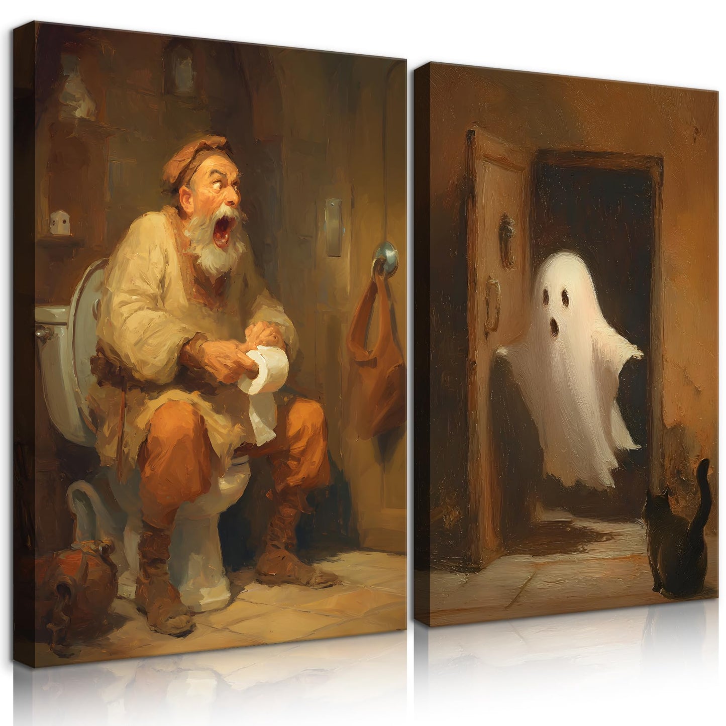 2Pcs Ghost in Bathroom Canvas Wall Art Retro Funny Bathroom Wall Decor Halloween Ghosts Posters Painting Retro Horror Creepy Dark Prints Halloween Pictures for Toilet Home Decoration(8x10in Canvas)