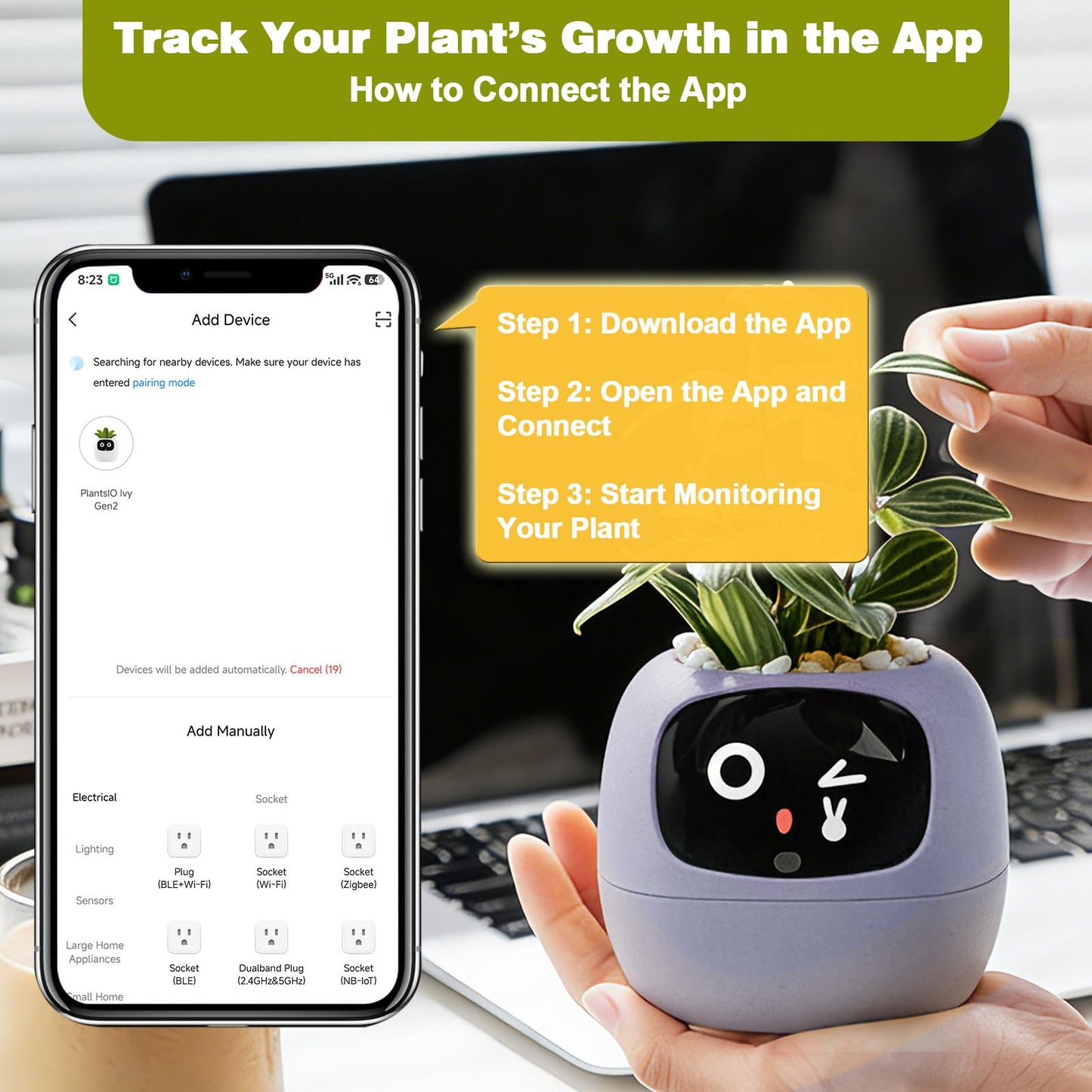 Smart Plant Pot with Visual Display – Soil Moisture, Water Level, Light & Battery Monitor, 80ml Self-Watering Reservoir, Supports 100+ Plants, Pomodoro Timer, Clock & Calendar-Purple