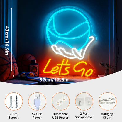 Lets Go Basketball Neon Sign, Sports Theme Light Up Sign, Basketball Fan Teen Boy Gift Bedroom Game Space Gym Wall Table Decor, USB Powered Dimmable Decorative Neon Light 16.9 x 12.6 In