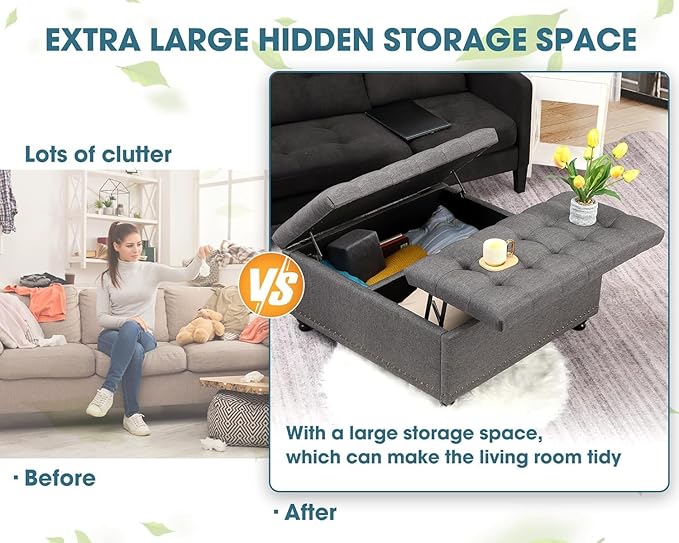 36" Large Square Ottoman with Storage, Tufted Upholstered Storage Ottoman with