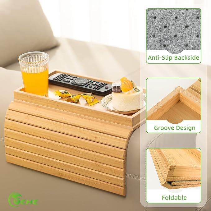 GEHE Bamboo Sofa Arm Tray, Foldable Couch Arm Tray Side Table, Anti-Falling